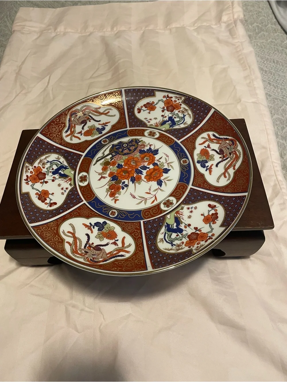 Imari-Style Porcelain Charger Plate with Blue and Rust Floral Motif